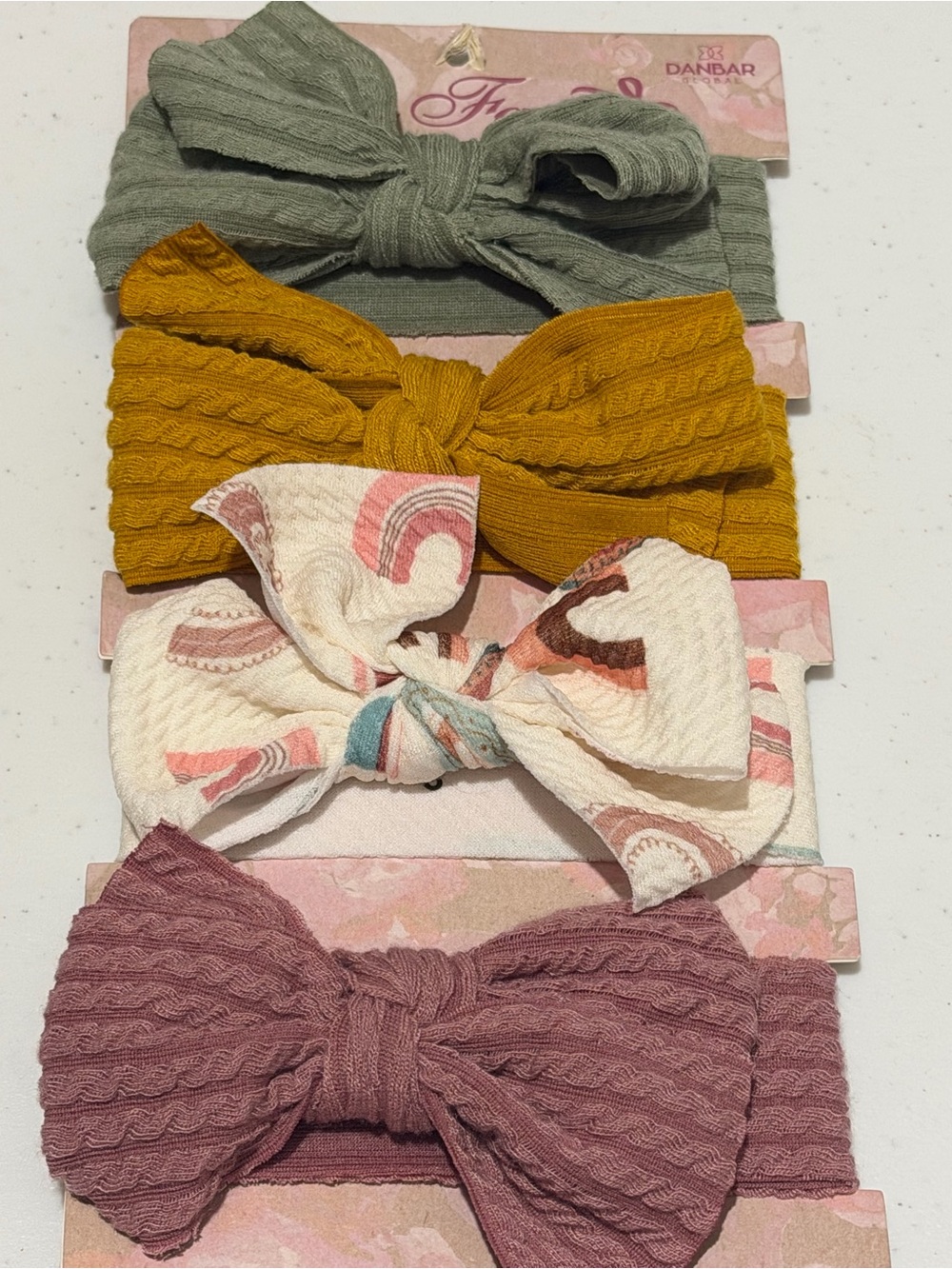 Bow Fancy Set of 4 Knotted Bow Headbands - Green, Mustard, Rainbow Print, Mauve